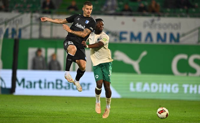 September 18, 2026 Soccer Season 2026–2027, Matchday 2, 2. Bundesliga: SpVgg Greuther Fürth vs. Kleeblatt FC Magdeburg. FCM Sports Photo by Zink xwoxzix. DFL regulations prohibit any use of photographs as image sequences and or quasi-video For editorial use only. Mateusz Zukowski, 22, FC Magdeburg; Hendry Blank, 34, SpVgg Greuther Fürth