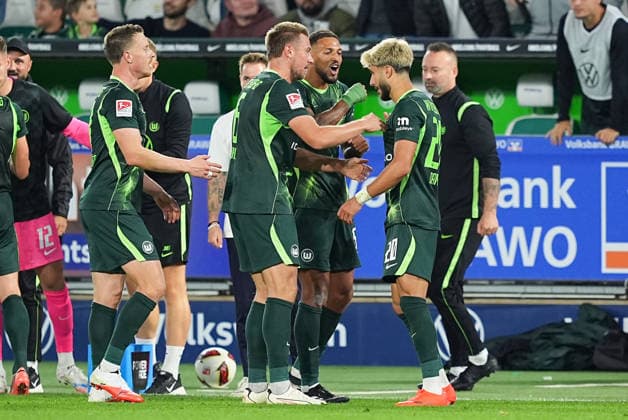 September 18, 2026, xydrx, Men s, Soccer, 2. Bundesliga, VfL Wolfsburg vs. SV Darmstadt 98, 2026–2027 season, Volkswagen Arena: Goal celebration after VfL Wolfsburg s 4–1 goal scored by Muhammed Damar (VfL Wolfsburg, No. 20), alongside Hauke Wahl (VfL Wolfsburg, No. 6) and Vinicius Souza Costa (VfL Wolfsburg, 5. DFB regulations prohibit any use of photographs as image sequences and or quasi-video Copyright: HMBxMedia YannisxDreimann