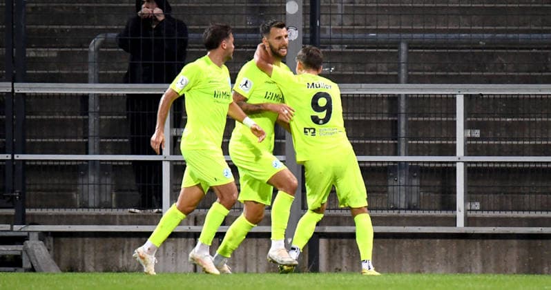 September 18, 2026, xokbx, Regional League Southwest Soccer, FSV Frankfurt vs. Stuttgarter Kickers: Goal celebration after Dejan Bozic’s 1–0 goal for the Stuttgarter Kickers, featuring Yannick Glessing (Stuttgarter Kickers) and Sebastian Mueller (Stuttgarter Kickers), Frankfurt am Main