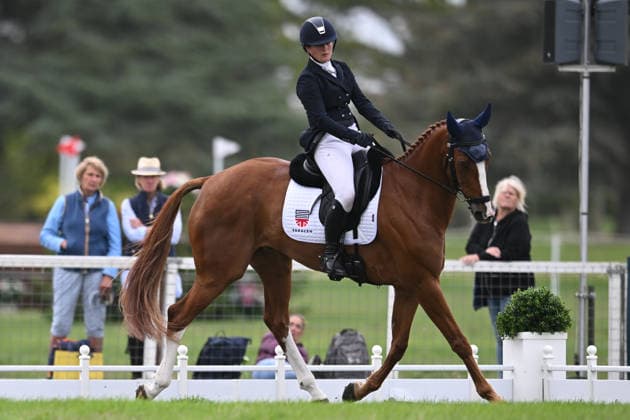 RECORD DATE NOT STATED 18th September 2026; Blenheim Palace, Woodstock, Oxfordshire, England; Blenheim Palace International Horse Trials, Day 2; Global Exotic ridden by Jemima Stratton of Great Britain during the dressage SimonxWest