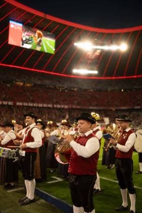 September 18, 2026: FC Bayern Munich vs. Union Berlin, Matchday 4 of the Bundesliga at the Allianz Arena in Munich. The Fan Treff B16 Pforzenrieden orchestra performs in traditional attire before kickoff at the Allianz Arena. IMPORTANT NOTICE: In accordance with DFL and DFB regulations, it is prohibited to use or allow the use of photographs taken in the stadium and or during the game in the form of sequential images and or video-like photo series Copyright: xJamesxZabelx