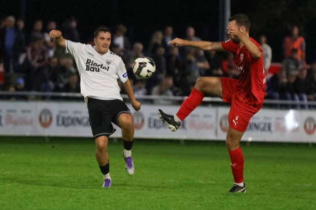 September 18, 2026, Soccer, Men s, 2026–2027 season, Bavarian Regional League, Matchday 10: TSV Buchbach vs. FC Schweinfurt 05. From left: Nils Piwernetz (FC Schweinfurt 05, 19) vs. Philipp Walter (TSV Buchbach, 06). Buchbach SMR Arena, Bavaria, Germany