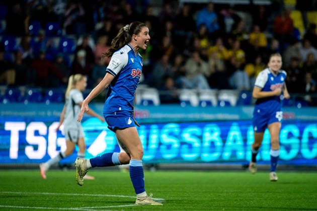 September 18, 2026, Germany, Soccer, Women s, Google Pixel 1 Bundesliga, 2026–2027 Season, Matchday 4, TSG 1899 Hoffenheim vs. VfL Wolfsburg: Chiara Hahn (Hoffenheim, 23) celebrates the goal that makes it 2–1. DFB and DFL regulations prohibit any use of photographs as image sequences and or quasi-video. Hoffenheim, Dietmar Hopp Stadium, Baden-Württemberg, Germany Copyright: xNordphoto Memmlerx