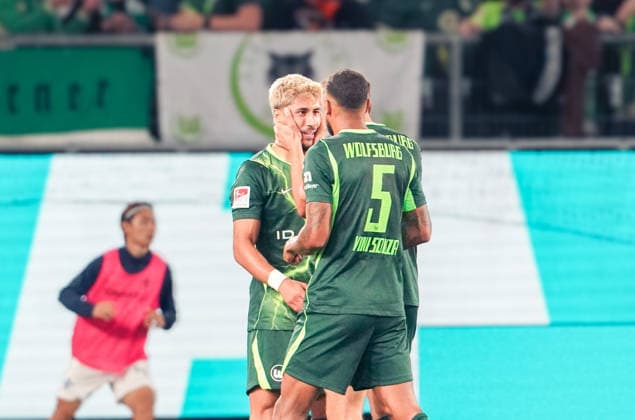 Germany Soccer 2. Bundesliga 2026–2027, Matchday 6: VfL Wolfsburg vs. SV Darmstadt 98 at Volkswagen Arena, Wolfsburg—Goals and goal celebrations by Muhammed Mehmet Damar (VfL Wolfsburg), 20 Fabian Reese (VfL Wolfsburg), 11 Vini Souza (VfL Wolfsburg), 5 Copyright: xAymanxAlahmedx