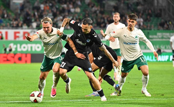 September 18, 2026 Soccer Season 2026–2027, Matchday 2, Bundesliga 2: SpVgg Greuther Fürth vs. Kleeblatt FC Magdeburg, FCM Sports Photo by Zink MeZi xmexzix. DFL regulations prohibit any use of photographs as image sequences and or quasi-video; for editorial use only. Felix Klaus (30), SpVgg Greuther Fürth (left); Falko Michel (21), FC Magdeburg; Aaron Keller (11), SpVgg Greuther Fürth