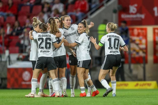 GER, Mainz, FSV Mainz 05 vs. Eintracht Frankfurt, Google Pixel Women s Bundesliga, Soccer, DFB, 2026–2027 Season, MEWA Arena, Matchday 5 in Pictures: Nina Lührsen, Eintracht Frankfurt Women s Team 11, Goal, Celebration and Joy, Emotions with Laura Freigang, Eintracht Frankfurt Women’s Team No. 10. DFB and DFL regulations prohibit any use of photographs as image sequences and or quasi-video. September 18, 2026 Copyright: HMBxMedia HendrikxHamelau