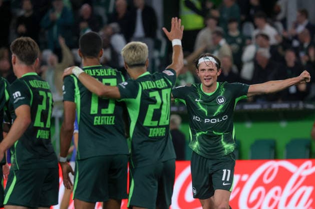 September 18, 2026, xgox, Soccer, 2. Bundesliga, VfL Wolfsburg vs. SV Darmstadt 98, Robert Glatzel (Wolfsburg), 19 with Fabian Reese (Wolfsburg), 11 celebrating, Goal celebration, celebrating the goal, DFL and DFB regulations prohibit any use of photographs as image sequences and or quasi-video, Wolfsburg