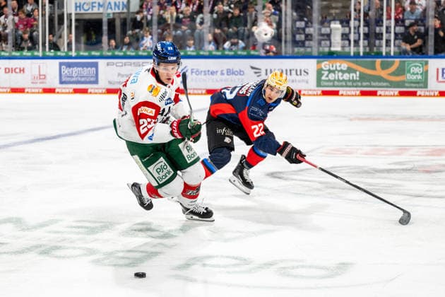 Jimmy Lambert, 23, Augsburg Panthers, AEV; Timo Bakos, 22, Nuremberg Ice Tigers, NIT; Nuremberg Ice Tigers vs. Augsburg Panthers, ice hockey, Penny DEL, Matchday 1, September 18, 2026, Nuremberg Ice Tigers vs. Augsburg Panthers, Ice Hockey, Penny DEL, Matchday 1, September 18, 2026 Copyright: xEibner-Pressefoto ThomasxHahnx EP_NIT
