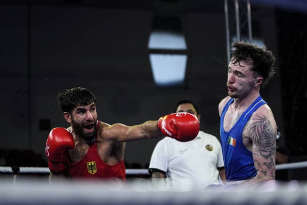 2026 European Boxing Championships in Sofia SOFIA, BULGARIA - SEPTEMBER 18: Dena Clancy (blue) competes against Mohamed Siala (red) in the men s 65kg category at the 2026 European Boxing Championships held at Asics Arena in Sofia, Bulgaria, on September 18, 2026. Osmancan Gurdogan Anadolu Sofia Bulgaria. Editorial use only. Please get in touch for any other usage.  Copyright: x2026xAnadoluxOsmancanxGurdoganx