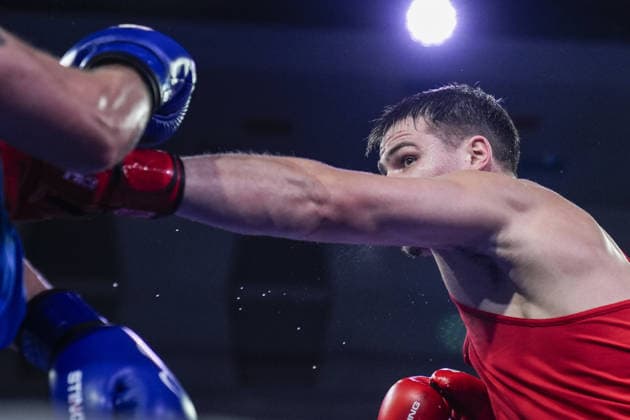 2026 European Boxing Championships in Sofia SOFIA, BULGARIA - SEPTEMBER 18: Leon Kermas (red) of Estonia competes against Andrei Chiriacov (blue) of Moldova in the men s 85kg category during the 2026 European Boxing Championships are held at Asics Arena in Sofia, Bulgaria, on September 18, 2026. Osmancan Gurdogan Anadolu Sofia Bulgaria. Editorial use only. Please get in touch for any other usage.  Copyright: x2026xAnadoluxOsmancanxGurdoganx