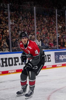 COLOGNE, GERMANY - 18 SEPTEMBER, 2026: Kevin Niedenz - The PENNY DEL Ice hockey, Eishockey match Koelner Haie vs. Grizzlys Wolfsburg at LANXESS arena.  Copyright: xVitaliixKliuievx