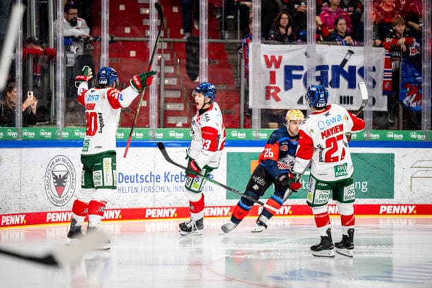 September 18, 2026, 2026–2027 Ice Hockey Season, Penny DEL, Nuremberg Ice Tigers, Icetigers, Augsburger Panther, Augsburg, ThHa, xthxhax, Goal celebration, joy, cheering, Jimmy Lambert 23, Augsburg Panthers, AEV, and teammates Philipp Krauß (Krauss) 20, Augsburg Panthers, AEV, and Kyle Mayhew 27, Augsburg Panthers, AEV
