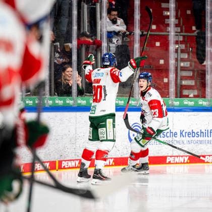 September 18, 2026 Ice Hockey Season 2026–2027 Penny DEL Nuremberg Ice Tigers Icetigers Augsburg Panthers Augsburg ThHa xthxhax Goal celebration, joy, cheering Jimmy Lambert 23, Augsburg Panthers, AEV, and teammate Philipp Krauss, 20, Augsburg Panthers, AEV