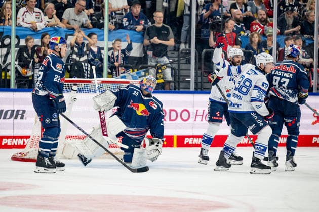 Ville Pokka of EHC Red Bull Munich, 22, and Mathias Niederberger, goaltender for EHC Red Bull Munich, 35, have to concede the goal that ties the game at 1–1 by Nicolas Mattinen of Adler Mannheim, 52 (not pictured), Luke Esposito (Adler Mannheim, 19) and Patrick Brown (Adler Mannheim, 38) celebrate on the right. Germany, EHC Red Bull Munich vs. Adler Mannheim, ice hockey, DEL, 2026–2027 season, Matchday 1, September 18, 2026. Photo: HMB Media, Heike Feiner Copyright: HMBxMedia HeikexFeiner