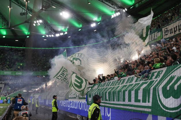 September 18, 2026, xgox, Soccer, 2. Bundesliga, VfL Wolfsburg vs. SV Darmstadt 98 – Symbolic photo, symbolic image, symbolic fans, spectators, audience, North Stand pyrotechnics, pyrotechnics, flares, smoke, fireworks; DFL and DFB regulations prohibit any use of photographs as image sequences and or quasi-video; Wolfsburg