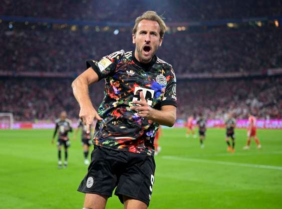 September 18, 2026, 2026–2027 Bundesliga Season, Matchday 4, FC Bayern Munich vs. 1. FC Union Berlin, at the Allianz Arena in Munich, Harry Kane of FC Bayern Munich celebrates