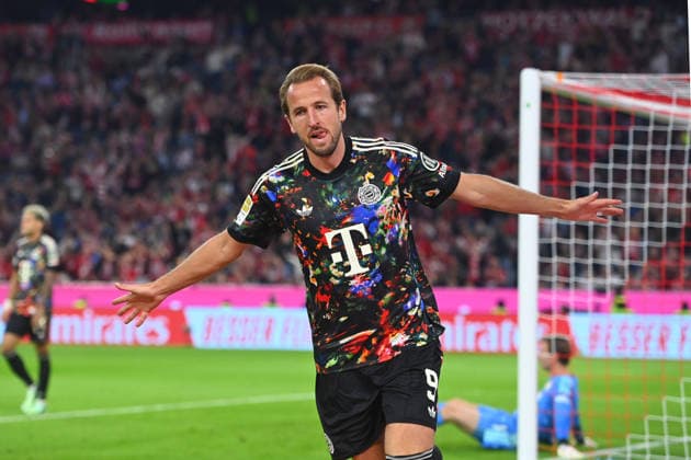 Harry KANE Celebrates Goal for Bayern Munich, Celebration, Joy, Excitement, Action, Single Frame, Cropped Single Subject, Half-Figure, Soccer, 1. Bundesliga Season 2026–2027, Matchday 4, Matchday 04, FC Bayern Munich vs. FC Union Berlin on September 18, 2026, ALLIANZ ARENA