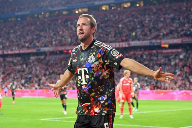 Harry KANE Celebrates Goal for Bayern Munich, Celebration, Joy, Excitement, Action, Single Frame, Cropped Single Subject, Half-Figure, Soccer, 1. Bundesliga Season 2026–2027, Matchday 4, Matchday 04, FC Bayern Munich vs. FC Union Berlin on September 18, 2026, ALLIANZ ARENA