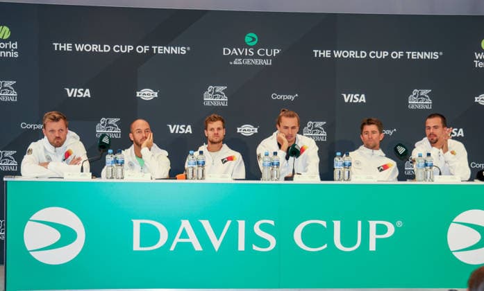 Davis Cup Draw Ceremony: Germany vs. Croatia; Team Germany: L-R Kevin Krawietz, Tim Puetz, Yannik Hanfmann, Alexander Zverev, Captain Michael Kohlmann, Daniel Altmaier, Heristo Arena, Halle, Westphalia, Germany Tennis Davis Cup 2026 Davis Cup Heristo Arena Halle, Westphalia, North Rhine-Westphalia, Germany, September 18, 2026 Copyright: xJuergenxHasenkopfx