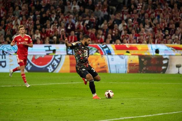 September 18, 2026: Soccer match between FC Bayern Munich and Union Berlin, Matchday 4 of the Bundesliga at the Allianz Arena in Munich. Shot on goal by Ismael Saibari of FC Bayern Munich, 34–5 0 IMPORTANT NOTICE: In accordance with DFL and DFB regulations, it is prohibited to use or allow the use of photographs taken in the stadium and or during the game in the form of sequential images and or video-like photo sequences. Copyright: xJamesxZabelx