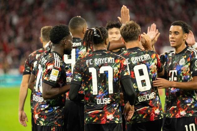 September 18, 2026: Soccer – FC Bayern Munich vs. Union Berlin, Matchday 4 of the 1. Bundesliga at the Allianz Arena in Munich; Michael Olise celebrates a goal for FC Bayern Munich, 17–6 0 IMPORTANT NOTICE: In accordance with DFL and DFB regulations, it is prohibited to use or allow the use of photographs taken in the stadium and or during the game in the form of sequential images and or video-like photo sequences. Copyright: xJamesxZabelx