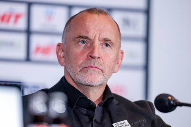 September 18, 2026, Ice Hockey, DEL, Kölner Haie vs. Grizzlys Wolfsburg, Matchday 1, 2026–27 Season, Lanxess Arena, Cologne; Head Coach Thomas Berglund of the Kölner Haie HC at the postgame press conference, North Rhine-Westphalia, Germany