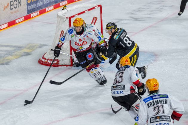 Ludwig Bystroem of the Fischtown Pinguins Bremerhaven, No. 17, in a one-on-one battle with Philip Gogulla of the Krefeld Pinguine, No. 87, in front of the net, Maxim Rausch, Fischtown Pinguins Bremerhaven, No. 53, and Nico Kraemmer, Fischtown Pinguins Bremerhaven, No. 21; Krefeld Pinguine vs. Pinguins Bremerhaven, ice hockey, PENNY DEL, Matchday 1, 2026–2027 season, September 18, 2026, Krefeld Pinguine vs. Pinguins Bremerhaven, ice hockey, PENNY DEL, Matchday 1, 2026–2027 season, September 18, 2026, Krefeld Copyright: xEibner-Pressefoto LukasxBaldygax EP_LBA