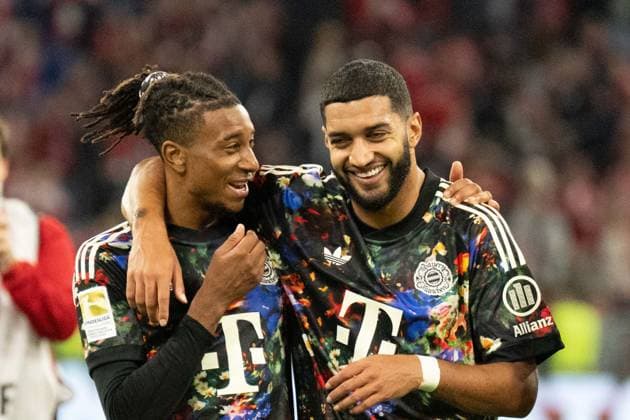 September 18, 2026: Soccer – FC Bayern Munich vs. Union Berlin, Matchday 4 of the Bundesliga at the Allianz Arena in Munich. Ismael Saibari (FC Bayern Munich, 34) and Michael Olise (FC Bayern Munich, 17, talking after the final whistle IMPORTANT NOTICE: In accordance with DFL and DFB regulations, it is prohibited to use or allow the use of photographs taken in the stadium and or during the game in the form of sequential images and or video-like photo series. Copyright: xJamesxZabelx