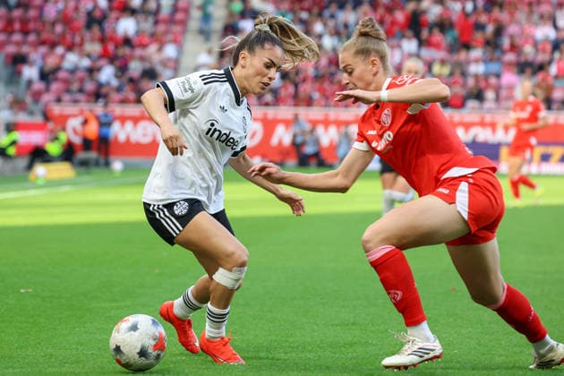 September 18, 2026, xusrbx, Soccer Google Pixel Women s Bundesliga, FSV Mainz 05 vs. Eintracht Frankfurt: Ereleta Memeti (Eintracht Frankfurt), 7, in a tackle with Saskia Matheis (FSV Mainz 05), 19, Mainz