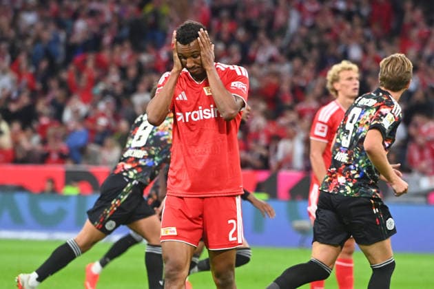 Felix UDUOKHAI, Union Berlin: Disappointment, frustration, disappointed, frustrated, dejected after Michael OLISE’s goal for Bayern Munich to make it 7–0; Soccer, Bundesliga Season 2026–2027, Matchday 4, Matchday 04, FC Bayern Munich 1–7 FC Union Berlin on September 18, 2026, Allianz Arena