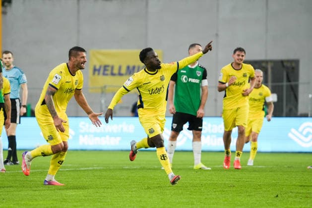 Germany 3rd Division 2026–2027, Matchday 6: SC Preußen Münster vs. 1 FC Saarbrücken, Wednesday, September 16, 2026, LVM Preußenstadion, Münster, North Rhine-Westphalia, Germany; Goal celebration, joy, excitement; Goal to make it 0–2 by Kelsey Owusu, 1 FC Saarbrücken, 31 Copyright: xMerlexKölkingx