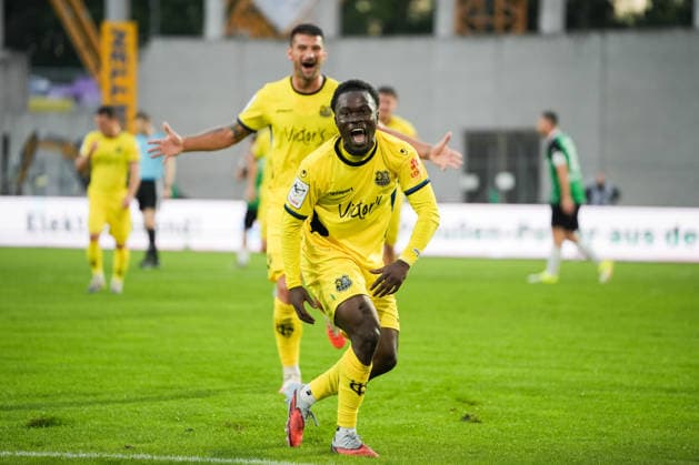 Germany 3rd Division 2026–2027, Matchday 6: SC Preußen Münster vs. 1 FC Saarbrücken, Wednesday, September 16, 2026, LVM Preußenstadion, Münster, North Rhine-Westphalia, Germany; Goal celebration, joy, excitement; Goal to make it 0–2 by Kelsey Owusu, 1 FC Saarbrücken, 31 Copyright: xMerlexKölkingx