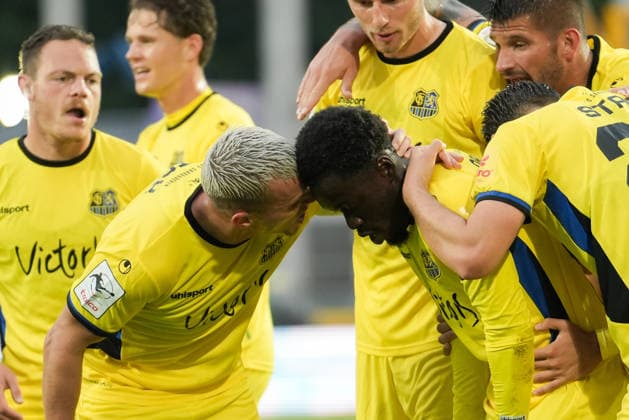 Germany 3rd Division 2026–2027, Matchday 6: SC Preußen Münster vs. 1 FC Saarbrücken, Wednesday, September 16, 2026, LVM Preußenstadion, Münster, North Rhine-Westphalia, Germany; Goal celebration, joy, emotions; Florian Pick, 1 FC Saarbrücken; 20 Kelsey Owusu, 1 FC Saarbrücken; 31 Copyright: xMerlexKölkingx