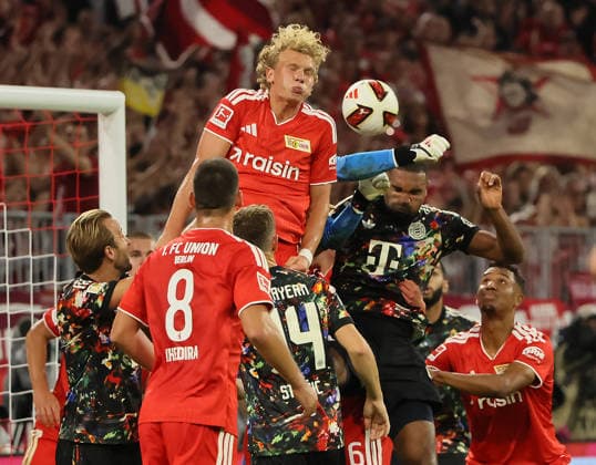 September 18, 2026, Matchday 4, Bundesliga 1, FC Bayern Munich vs. Union Berlin, Allianz Arena, Munich, Soccer, Sports, Pictured: Harry Kane (FC Bayern Munich), Rani Khedira (Union Berlin), Leopold Querfeld (Union Berlin), Josip Stanisic (FC Bayern Munich), Frederik Rönnow (Union Berlin), Jonathan Tah (FC Bayern Munich), Felix Uduokhai (Union Berlin). DFL regulations prohibit any use of photographs as image sequences and or quasi-video content.