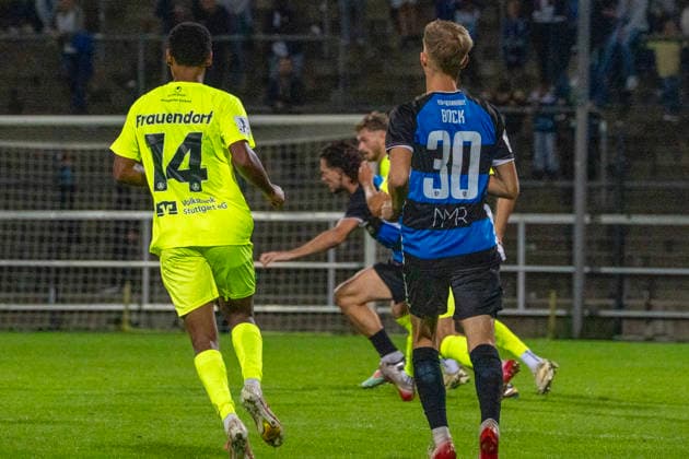 September 18, 2026, xerix, Southwest Regional Soccer League, FSV Frankfurt vs. Stuttgarter Kickers – Game scene featuring Melkamu Frauendorf SV (Stuttgarter Kickers) and Corvin Bock (FSV Frankfurt), Frankfurt