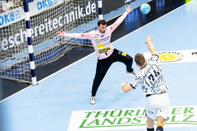 September 18, 2026, GER, Handball, Men, 2026–2027 Season, Opel 1st Division, Matchday 5, ThSV Eisenach vs. THW Kiel, Matija Spikic (ThSV Eisenach, 1), Vincent Buechner (99817 Eisenach), Werner Assmann, Am Sportpark, Thuringia, Germany