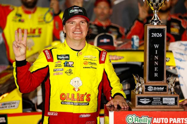 BRISTOL, TN - SEPTEMBER 18: Sheldon Creed ( 00 Haas Factory Team Ollie s Chevrolet) celebrates after winning the NASCAR, Motorsport, USA O Reilly Auto Parts Series Food City 300 on September 18, 2026 at Bristol Motor Speedway in Bristol, TN. (Photo by Jeff Robinson Icon Sportswire) AUTO: SEP 18 NASCAR O™Reilly Auto Parts Series Food City 300 EDITORIAL USE ONLY Icon2609185448300