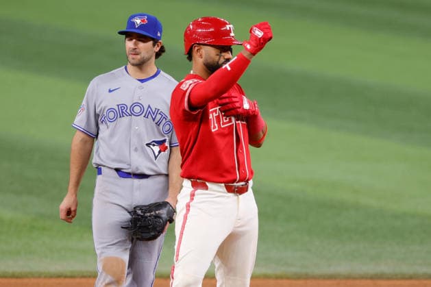 September 18, 2026, Arlington, Texas, USA: Texas Rangers center fielder EZEQUIEL DURAN (20) celebrates hitting a double during the seventh inning in a baseball game, Friday, September 18, 2026, in Arlington, Texas. Arlington USA - ZUMAa325 20260918_zsa_a325_003 Copyright: xDavidxBalleringxIix