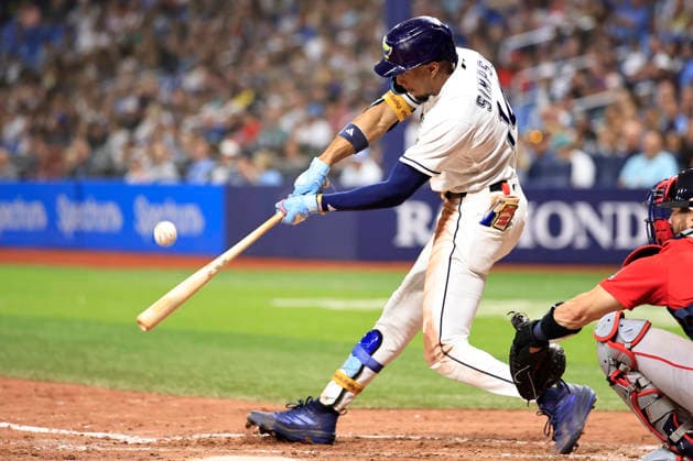 September 18, 2026, St. Petersburg, Florida, USA: Tampa Bay Rays left fielder Chandler Simpson (14) flies out to Boston Red Sox center fielder Nate Eaton (18) during an MLB, Baseball Herren, USA game on September 18, 2026 at Tropicana Field. The Red Sox beat the Rays 4-2. St. Petersburg USA - ZUMAh180 20260918_zsp_h180_086 Copyright: xKimxHukarix