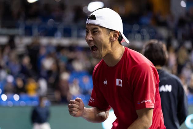 Sho Shimabukuro (JPN) celebrates after winning match 2 with team, James Watt (NZL) vs Sho Shimabukuro (JPN) during Round 1 Davis Cup Tennis at Trusts Arena, Auckland, New Zealand on Saturday 19 September 2026. Photo: Joshua Devenie z Copyright: xx