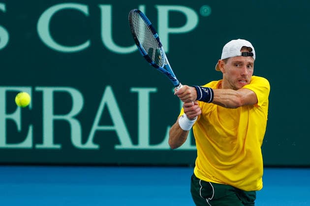 TENNIS DAVIS CUP AUSTRALIA POLAND, James Duckworth of Australia plays a backhand during the Davis Cup match between Australia and Poland at Pat Rafter Arena in Brisbane, Saturday, September 19, 2026. ( NO ARCHIVING, EDITORIAL USE ONLY  Copyright: xRUSSELLxFREEMANx 20260919142433635652