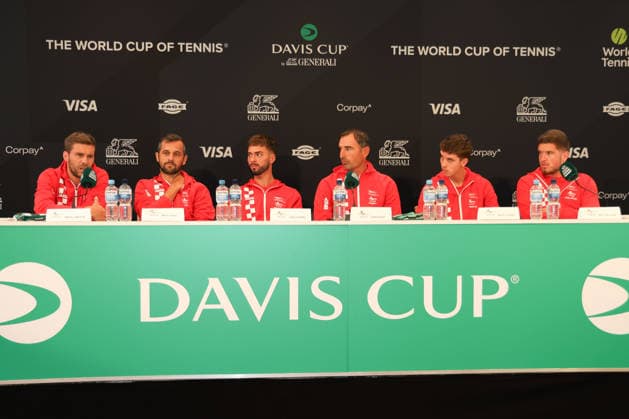 Davis Cup Draw Ceremony: Germany vs. Croatia; Team Croatia: L-R Nikola Mektic, Mate Pavic,Dino Prizmic, Captain Ivan Dodig, Matej Dodig, Mili Poljicak, Heristo Arena, Halle Westf, Germany; Tennis; Davis Cup 2026; Davis Cup; Heristo Arena; Halle West; North Rhine-Westphalia, Germany; September 18, 2026 Copyright: xJuergenxHasenkopfx