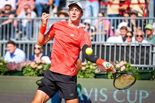 Belgian Joran Vliegen is pictured in action during a tennis match between Austrian pair Miedler Oberleitner and Belgian pair Gille Vliegen, the third rubber in the tie between Austria and Belgium, qualifiers for the Davis Cup tournament, on Saturday 19 September 2026 in Vienna, Austria. DAVIDxPINTENS  x186956637x
