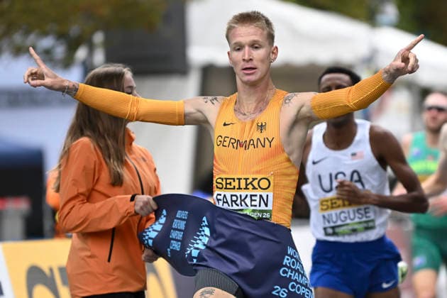 Copenhagen, Denmark - September 19, 2026: Robert Farken (GER Germany) taking the gold medal in the men™s mile in 3:51:80 at the World Athletics Road Running Championships in Kopenhagen, Denmark. DEN Copyright: xBEAUTIFULxSPORTS DecaxText&Bildx