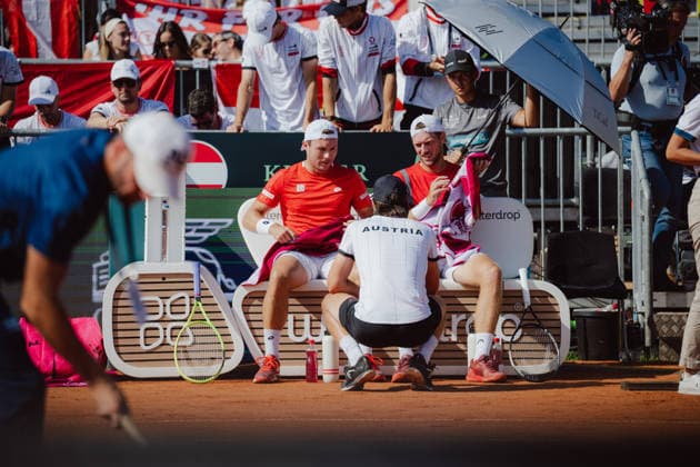 TENNIS - Davis Cup, AUT vs BEL VIENNA,AUSTRIA,19.SEP.26 - TENNIS - ITF Davis Cup, qualification round 2, Austria vs Belgium. Image shows Lukas Miedler, Neil Oberleitner (AUT) and sporting director Juergen Melzer (OETV).  GEPAxpictures xAlexanderxSolc