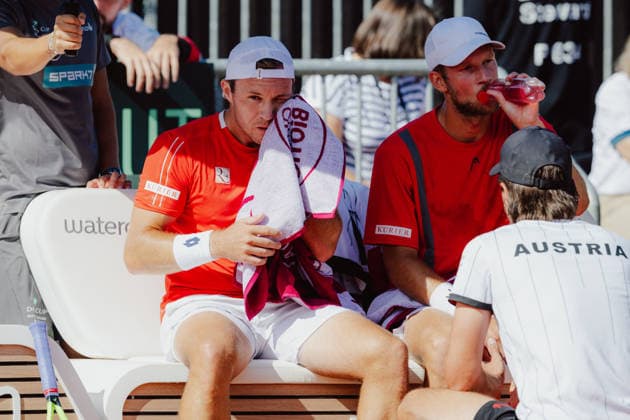 TENNIS - Davis Cup, AUT vs BEL VIENNA,AUSTRIA,19.SEP.26 - TENNIS - ITF Davis Cup, qualification round 2, Austria vs Belgium. Image shows Lukas Miedler, Neil Oberleitner (AUT) and sporting director Juergen Melzer (OETV).  GEPAxpictures xAlexanderxSolc