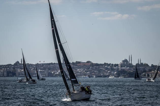 25th Bosphorus Cup in Istanbul ISTANBUL, TURKIYE - SEPTEMBER 19: Sailboats compete during the 25th Bosphorus Cup sailing races on the third day of the competition in the Bosphorus in Istanbul, Turkiye, on September 19, 2026. Sebnem Coskun Anadolu Istanbul Turkey. Editorial use only. Please get in touch for any other usage.  Copyright: x2026xAnadoluxSebnemxCoskunx