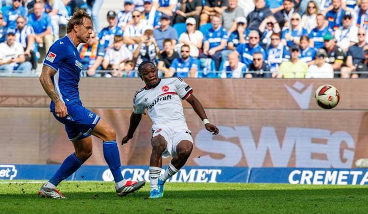 September 19, 2026 Soccer Season 2026–2027, Matchday 2, Bundesliga, Karlsruher SC (KSC) vs. 1. FC Nürnberg (FCN), Club Sports Photo by Zink DaMa xdaxmax. DFL regulations prohibit any use of photographs as image sequences and or quasi-video For editorial use only. Goal: Shot on goal for the 0–1. Goal scorer: Mohamed Ali Zoma, 23, 1. FC Nürnberg (FCN)