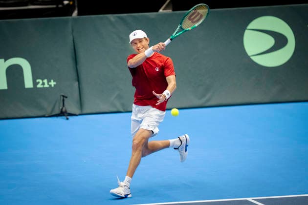 Davis Cup tennis match between Denmark and Bulgaria: Denmark s August Holmgren during the Davis Cup match between Denmark and Bulgaria at Royal Stage, Hilleroed, on Saturday, September 19, 2026. Photo by Sebastian Elias Uth, Ritzau Scanpix, Denmark  Copyright: SebastianxEliasxUthx spdk20260919-131914-L