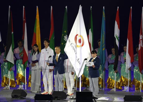 (260919) -- NAGOYA, Sept. 19, 2026 -- Referees take the oath during the opening ceremony of the 20th Asian Games Aichi-Nagoya 2026 in Nagoya, Japan, Sept. 19, 2026. ) (SP)JAPAN-NAGOYA-ASIAN GAMES-OPENING CEREMONY LixBo 